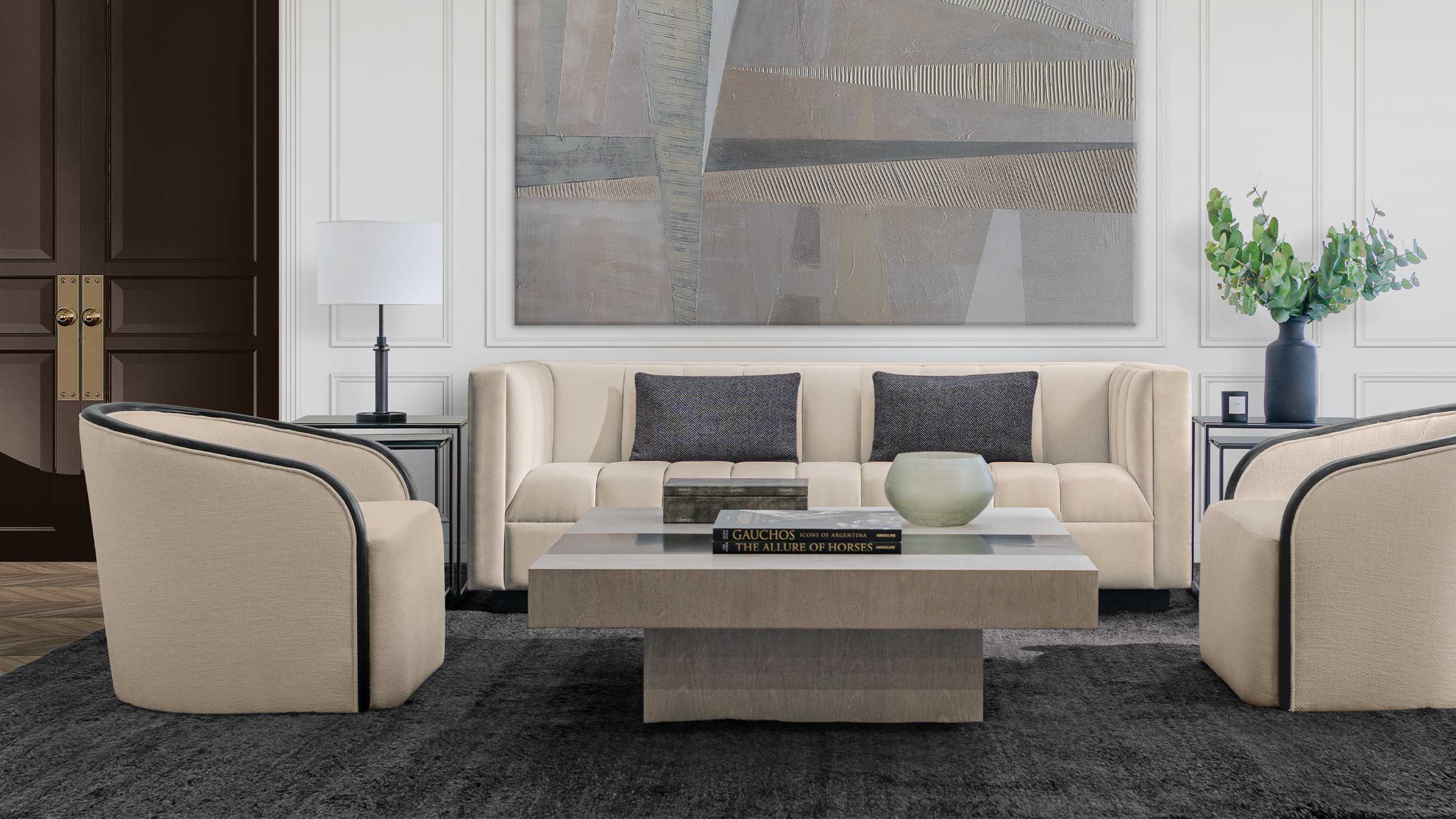 Living Room with Palmer Sofa in Velvet Sand and Artemis Black Oak in Basketweave Linen Burlap